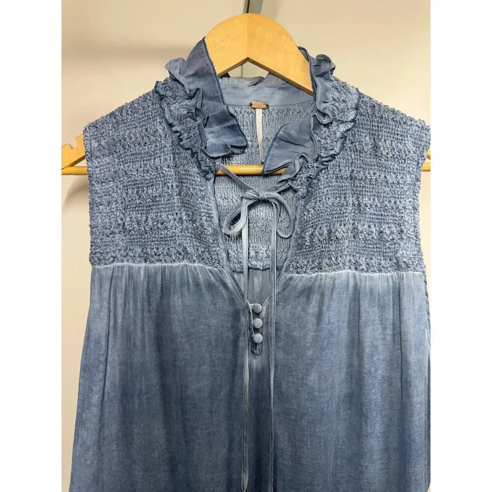 FREE PEOPLE Women's Ruffle Me Up Semi Sheer Smocked Sleeveless Top Blue Small